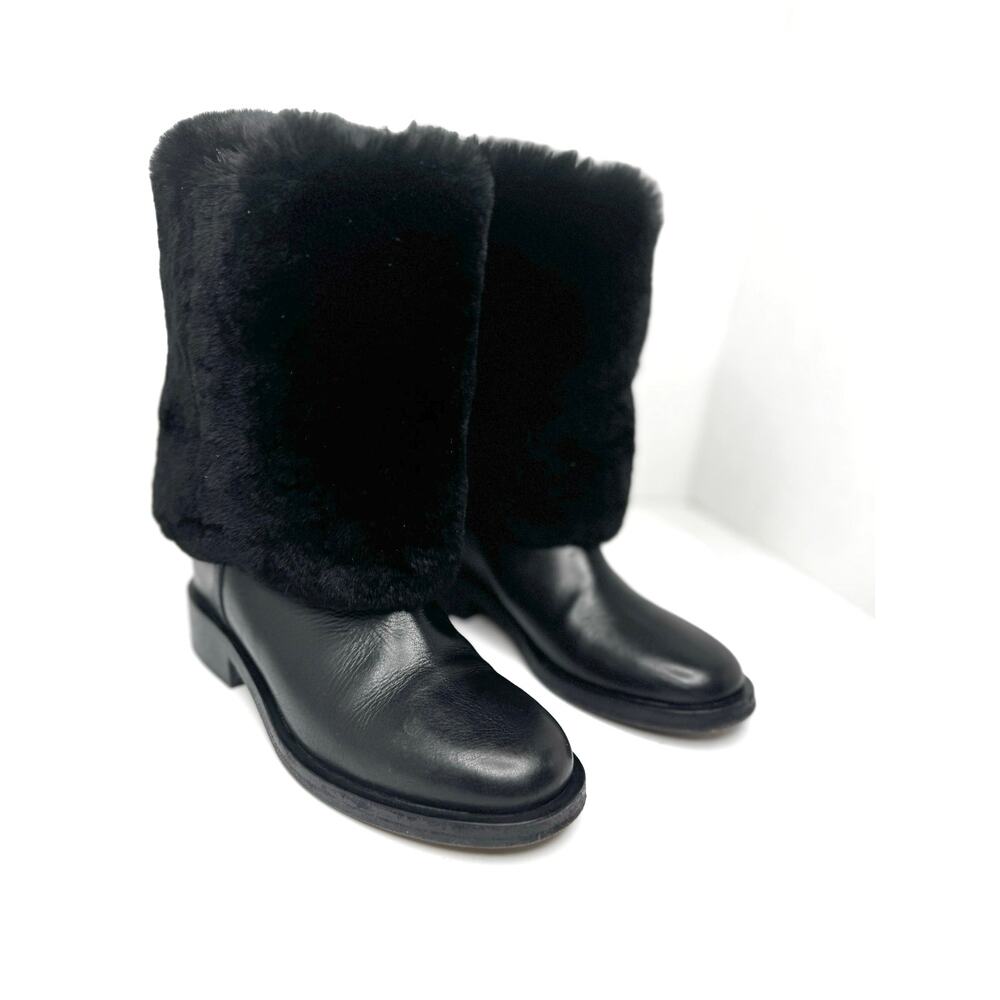 CHANEL Black Fur Calfskin Fold-Over Short Boots CC Logo Ankle Booties EU 37.5